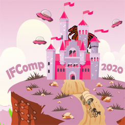 Cartoon depicting a computer sitting on a lunar surface. It is surrounded by number of objects and creatures suggesting past IFComp winners: a pig, a rocketship, a plate with a taco on it, et cetera. The pig waves a banner emblazoned with 'IFComp!'
